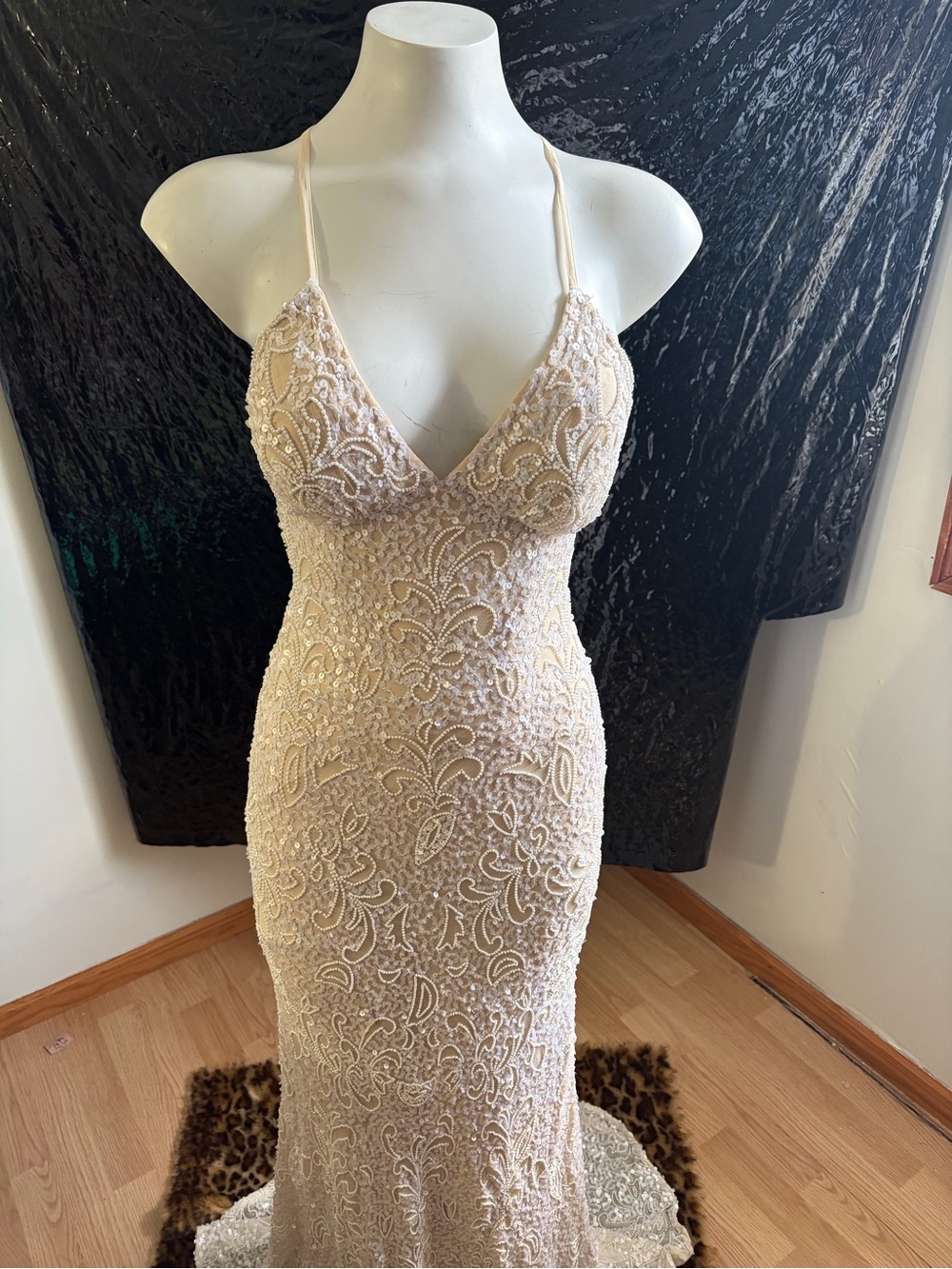 Scala Strapless Beaded Evening Gown in Champagne